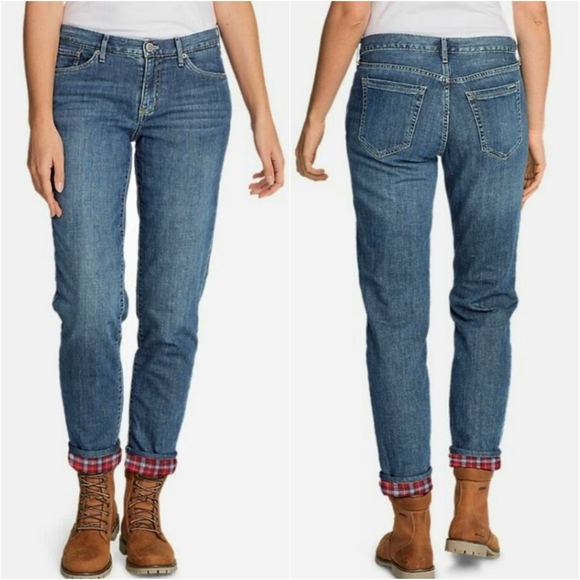 Eddie Bauer Denim - Eddie Bauer Flannel Lined Jeans Boyfriend Fit Womens Sz 14 Medium Wash Red Plaid